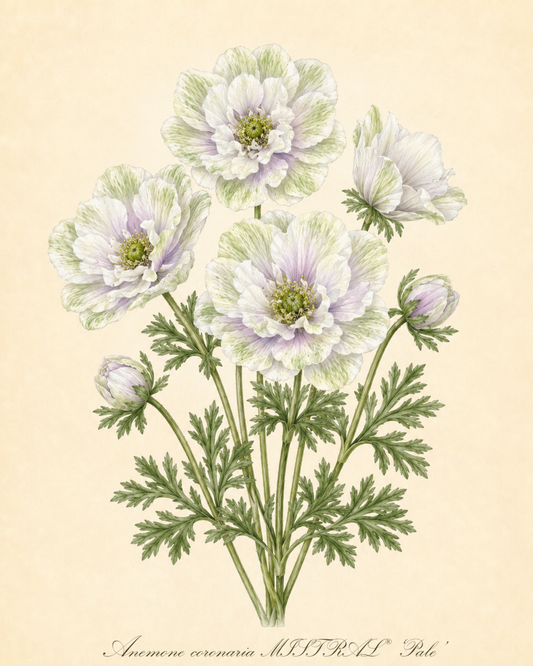 Botanische Illustration von blassweißen und violetten Anemonenblüten mit grünen Blättern, beschriftet mit „Anemone coronaria MISTRAL® ‚Pale‘ – Italienische Kronen-Anemone“ von Verberghe auf hellbeigem Hintergrund. Diese insektenfreundliche Garten-Schönheit wird wegen ihrer großen Blüten geschätzt, die zahlreiche Bestäuber anziehen.