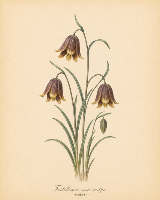 Eine botanische Illustration von Weijers zeigt drei Blüten der Fritillaria uva-vulpis (Fuchstrauben-Fritillarie), einem auffälligen Vertreter der Familie der Fritillarien. Das Kunstwerk zeigt ihre glockenförmigen, purpurbraunen Blütenblätter mit einer ungewöhnlichen Blütenfarbe und schlanken grünen Blättern vor einem beigen Hintergrund, wobei der Name der Pflanze darunter handschriftlich vermerkt ist.