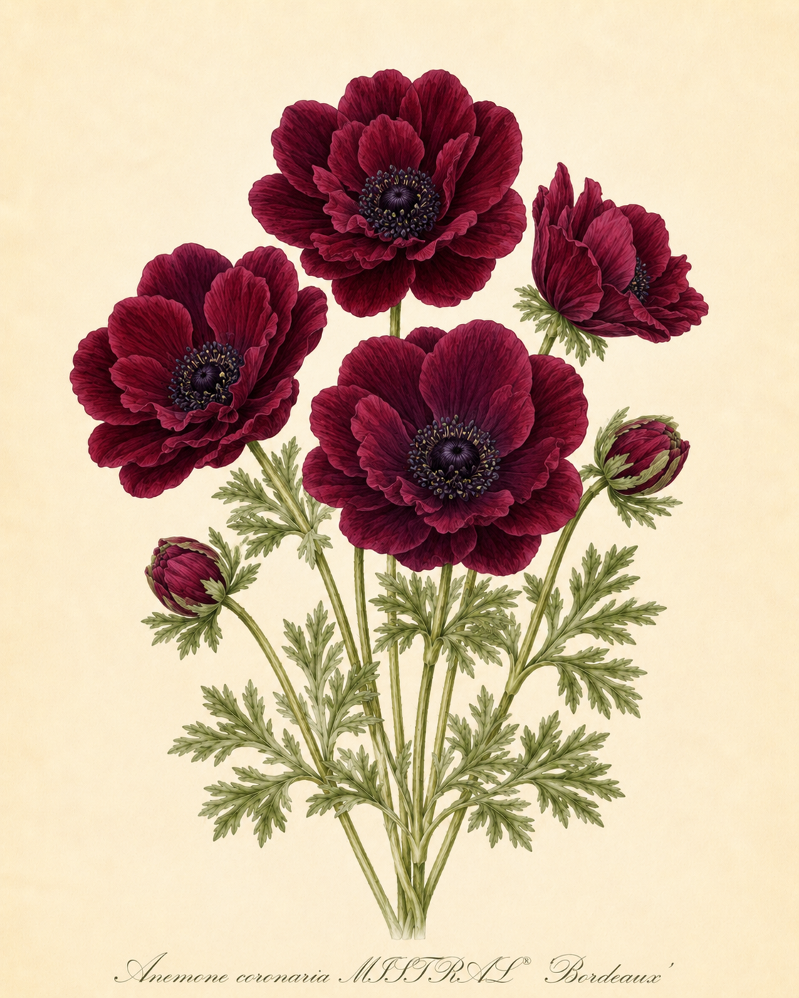 Botanische Illustration von tiefroten Blüten der Anemone coronaria MISTRAL® ‚Bordeaux‘ mit großen Blüten, detaillierten Blütenblättern, dunklen Blütenmitten und grünen, gefiederten Blättern vor einem beigen Hintergrund. Die Bildunterschrift lautet: „Anemone coronaria MISTRAL® ‚Bordeaux‘ – Italienische Kronen-Anemone (Sam van Schooten).“.