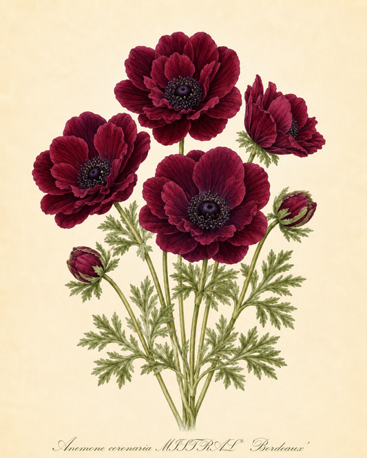 Botanische Illustration von tiefroten Blüten der Anemone coronaria MISTRAL® ‚Bordeaux‘ mit großen Blüten, detaillierten Blütenblättern, dunklen Blütenmitten und grünen, gefiederten Blättern vor einem beigen Hintergrund. Die Bildunterschrift lautet: „Anemone coronaria MISTRAL® ‚Bordeaux‘ – Italienische Kronen-Anemone (Sam van Schooten).“.