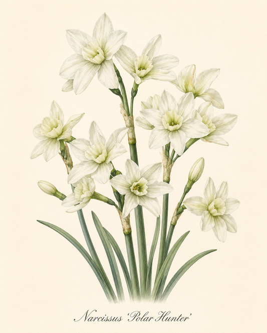 Botanische Illustration der Narzisse „Polar Hunter“ von Weijers, die Büschel grün-weißer, duftender Blüten mit hellgrünen Blütenmitten, langen grünen Stielen und schmalen Blättern vor einem beigen Hintergrund zeigt.