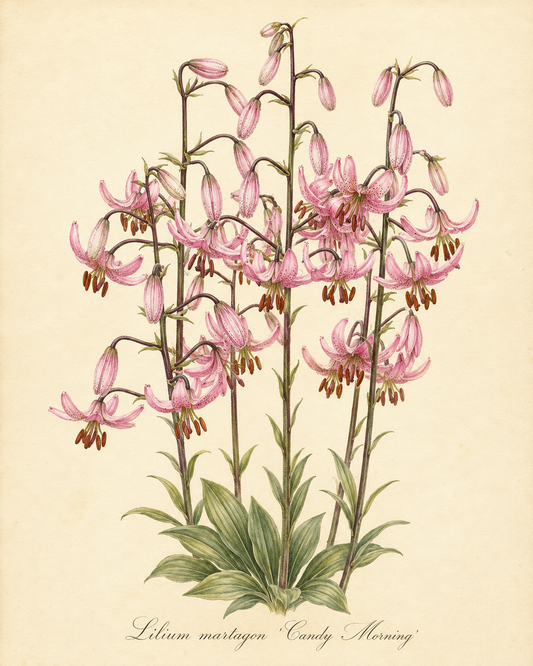 Botanische Illustration von Lilium martagon ‚Candy Morning‘ – einer Türkenbund-Hybride von Verberghe – mit hohen grünen Stielen, lanzettförmigen Blättern und Büscheln insektenfreundlicher, nach unten gerichteter Blüten in einem eleganten Rosa. Die anmutig geschwungenen Blütenblätter sind zart gefleckt und werden durch markante braune Staubblätter akzentuiert.