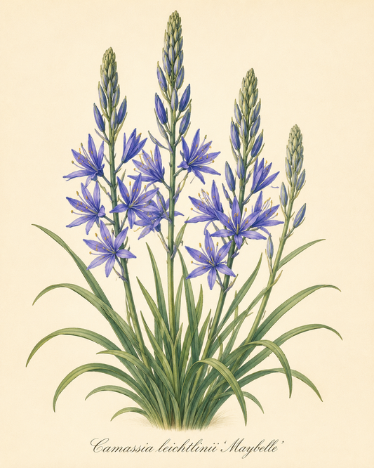 Botanische Illustration von Camassia leichtlinii ‚Maybelle‘® – Leichtlins Prärielilie (Weijers) mit hohen grünen Stielen, Büscheln sternförmiger blauer Blüten, spitzen grünen Blättern und mehreren noch ungeöffneten Knospen vor einem hellen Hintergrund – eine ideale Wahl für Staudenbeete oder naturnahe Wiesenbepflanzungen.