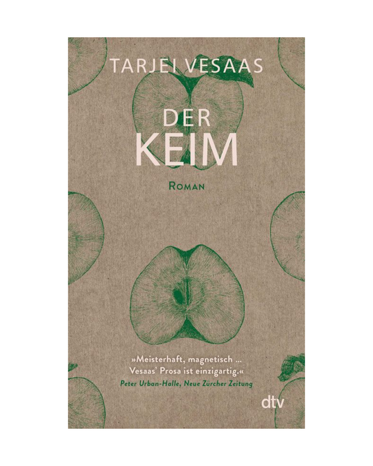 Buchumschlag von Der Keim | Die Geschichte einer isolierten Inselgemeinschaft vom dtv Verlag, mit grünem Strichbild von Samen oder Fruchthälften auf braunem Grund, mit Titel, Autor, "Roman" und Rezensionszitaten am unteren Rand.