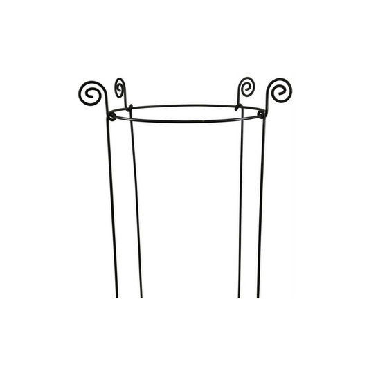 Der Hirsch OttO-Staudenhalter ist ein schwarzer Metall-Pflanzenständer mit drei hohen Beinen, Wirbelmuster auf jedem Bein und einer runden Topfhalterung. Er ist 90 cm hoch und wird vor einem schlichten weißen Hintergrund gezeigt.