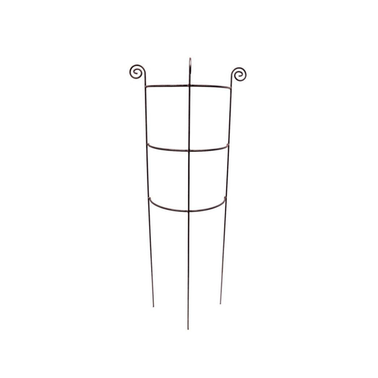 Der Hirsch Staudenhalter / Rankhilfe HUGO halbrund zeigt zwei kreisförmige Ringe und spiralförmige Spitzen, die aufrecht vor einem weißen Hintergrund stehen. Maße: Tiefe 22 cm, B45 cm, H90 cm.
