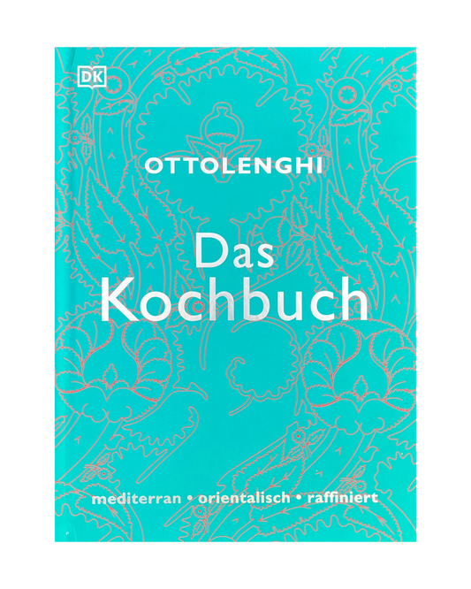 Ein tealfarbener DK-Bucheinband mit goldenen Ziermustern. Der Titel "Das Kochbuch | Ottolenghi" steht über dem Schriftzug "mediterran - orientalisch - raffiniert" in weißer Schrift und deutet auf raffinierte Rezepte hin.