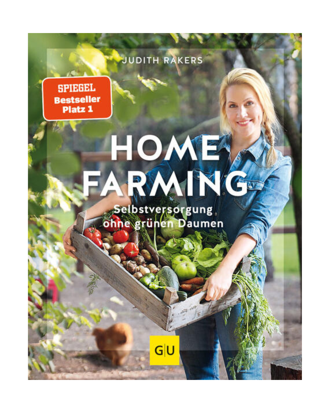 Eine Frau im Jeanshemd hält eine Holzkiste, gefüllt mit Gemüse aus Homefarming. Das Cover zeigt "Homefarming" vom Gräfe & Unzer Verlag mit einem Spiegel Bestseller-Label oben links.