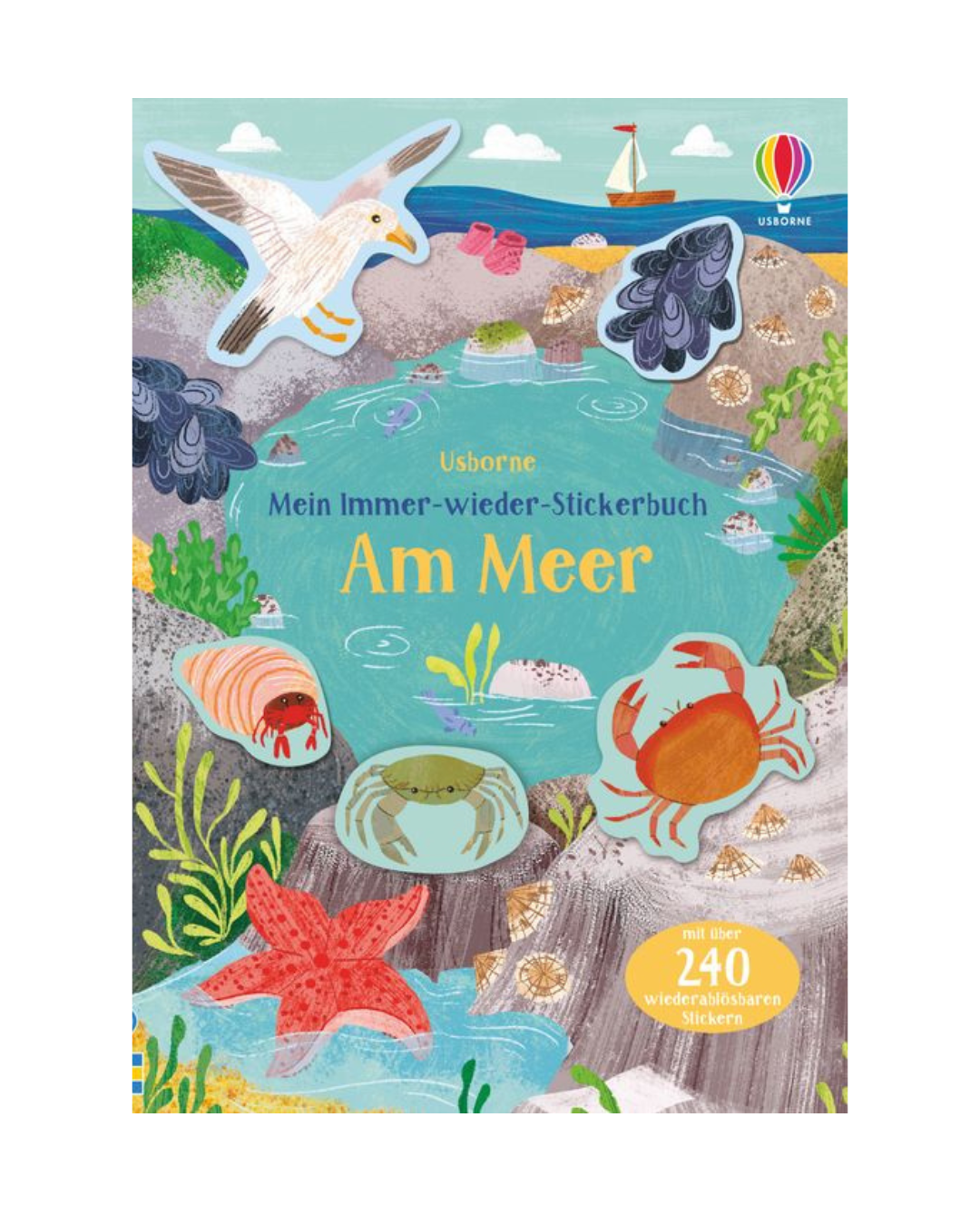 Das Mein Immer-wieder-Stickerbuch | Am Meer von dtv Verlag zeigt ein illustriertes Cover mit Strandtieren und enthält über 240 wiederablösbare Sticker - ideal für Kinder ab 3 Jahren.