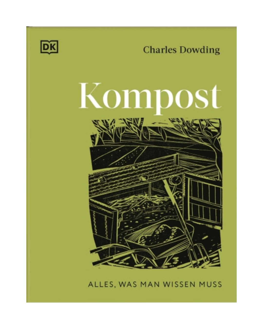 Kompost | Alles, was man wissen muss vom DK Verlag hat einen grünen Einband mit einer schwarz-weiß illustrierten Komposttonnenszene und Kompostierungstipps von Experten. Das Logo des DK Verlags erscheint in der linken oberen Ecke.