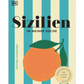 Buchdeckel mit vertikalen türkis- und cremefarbenen Streifen, ein großes orangefarbenes mit grünem Blatt. Titel: Sizilien in meiner Küche | Eine kulinarische Rundreise von DK Verlag. Gelbe Plakette hebt aktualisierte Ausgabe und neues Aussehen hervor.