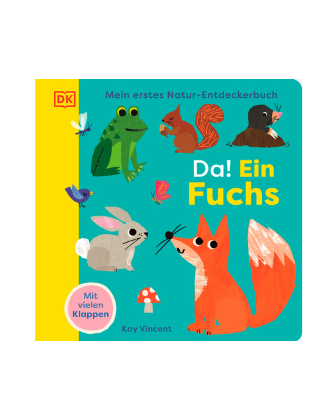 Das im DK Verlag erschienene Buch "Da! Ein Fuchs | Natur-Entdeckerbuch ab 18 Monaten" hat einen türkisfarbenen Einband mit bezaubernden Illustrationen von Fuchs, Frosch, Hase, Biber, Eichhörnchen und Schmetterling - perfekt für ein Kinder-Pappbuch zum Thema Natur.