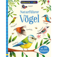 Das Cover des Usborne Minis | Naturführer Vögel mit 60 Stickern vom dtv Verlag zeigt farbenfrohe Vogelillustrationen wie eine Blaumeise und einen Eisvogel auf Ästen, sowie ein Etikett mit der Aufschrift "mit 60 Stickern".