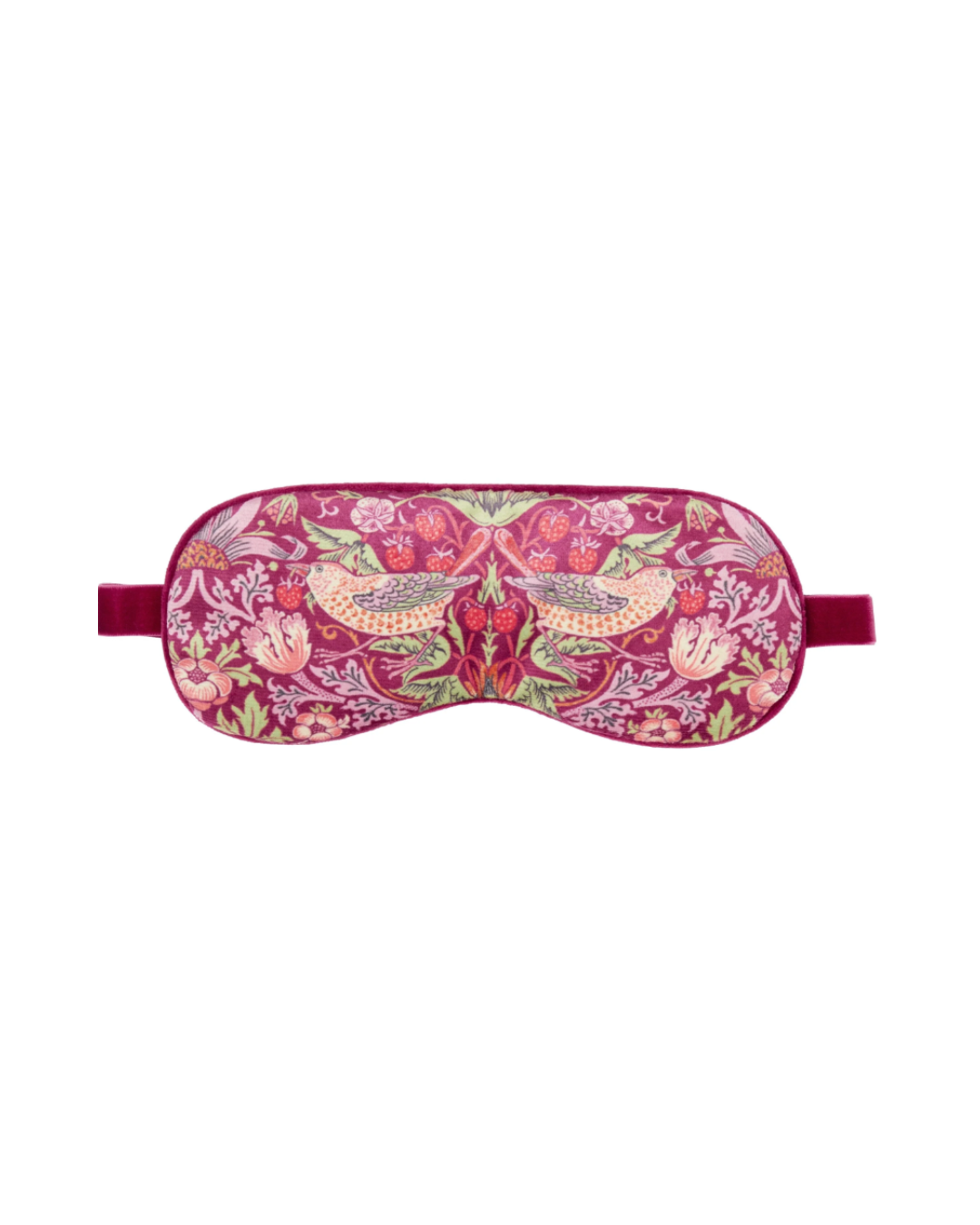 Die William Morris at Home 'Strawberry Thief' Schlafmaske zeigt ein farbenfrohes Blumen- und Vogelmotiv in Rosa, Grün, Gelb und Rot auf Magenta, gefüllt mit getrocknetem Lavendel und einem verstellbaren Riemen für mehr Komfort.