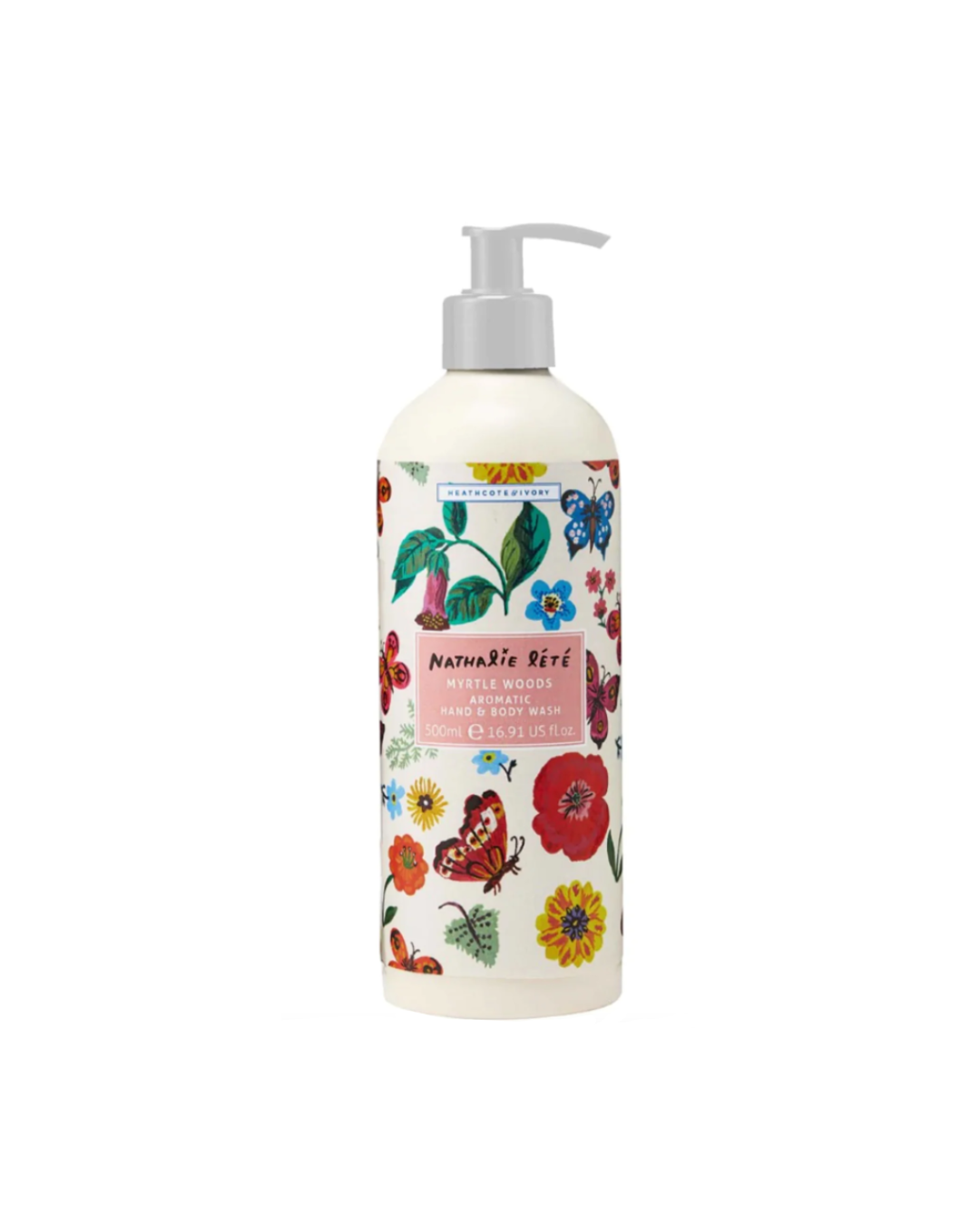 Eine 500-ml-Flasche Natalie Lété Myrtle Woods Handseife mit einem Pumpspender, verziert mit bunten Blumen und Schmetterlingen auf weißem Hintergrund.