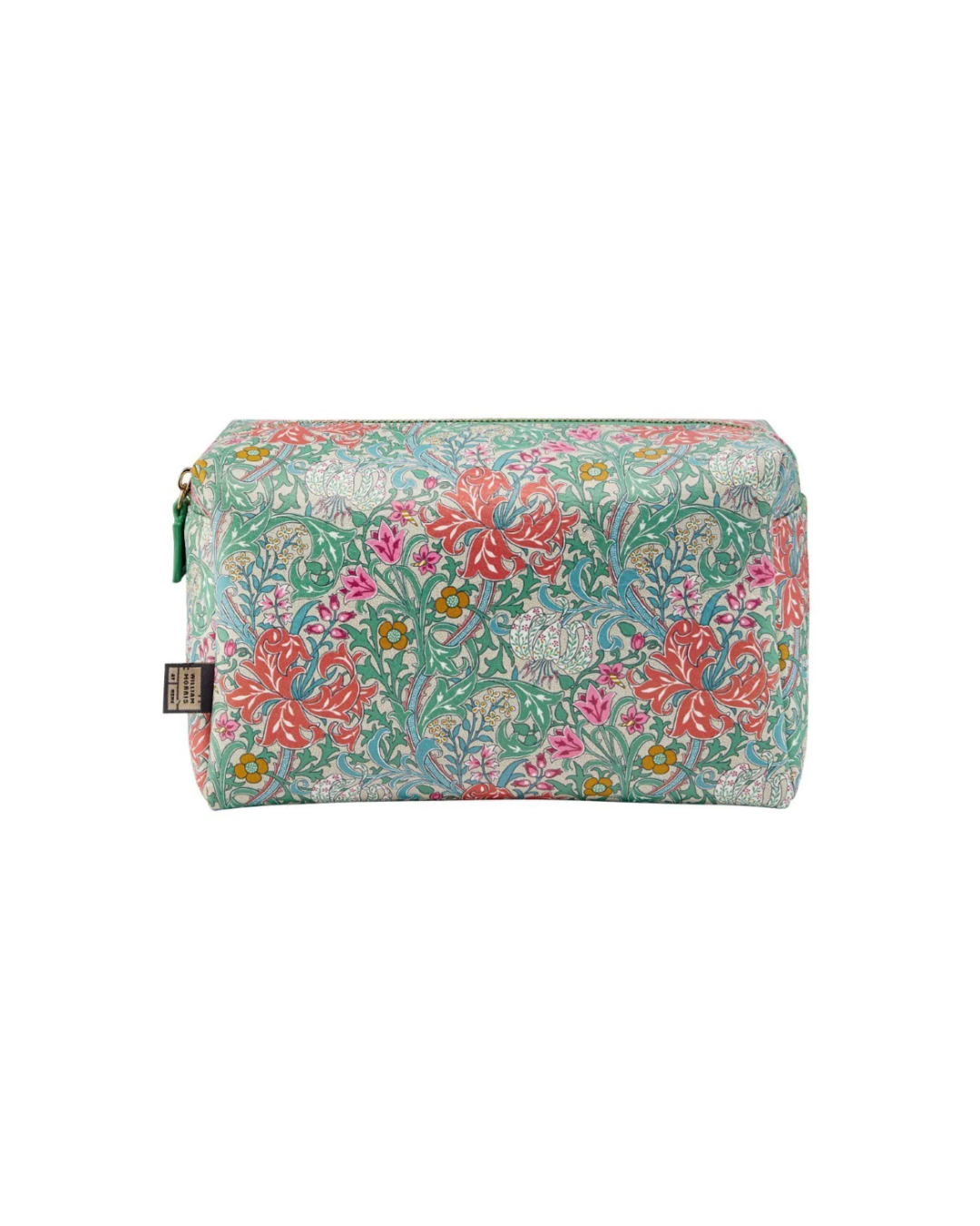 Die William Morris at Home 'Golden Lily' große florale Kosmetiktasche ist eine rechteckige PVC-Tasche mit Reißverschluss, die einen lebhaften Blumendruck in Rot, Orange, Gelb und Grün auf Hellblau zeigt und mit einem strapazierfähigen Polyesterfutter ausgestattet ist.