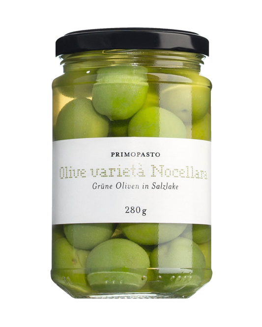 Ein Glas mit Don Antonio Grüne Oliven mit Stein in Salzlake 280 g mit schwarzem Deckel. Auf dem weißen Etikett steht Don Antonio Grüne Oliven mit Stein in Salzlake 280 g - eine Spezialität aus Italien.