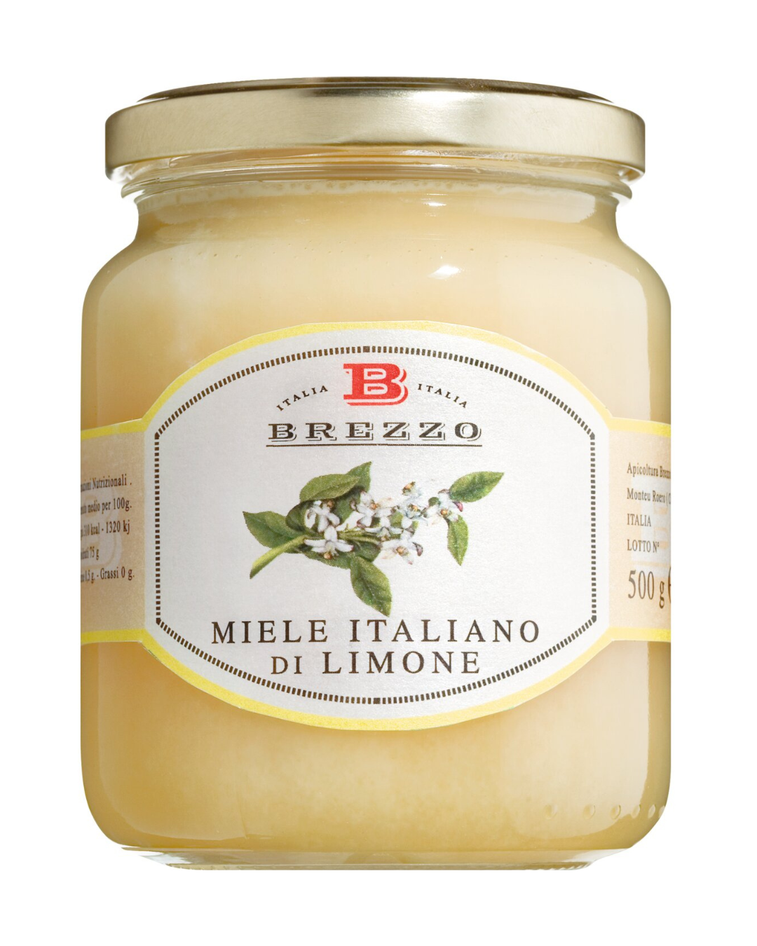 Apicoltura Brezzo 'Miele di limone' Zitronenblütenhonig im 500-g-Glas mit goldenem Deckel und weißem Etikett mit Zitronenblütenmotiv und italienischem Text.