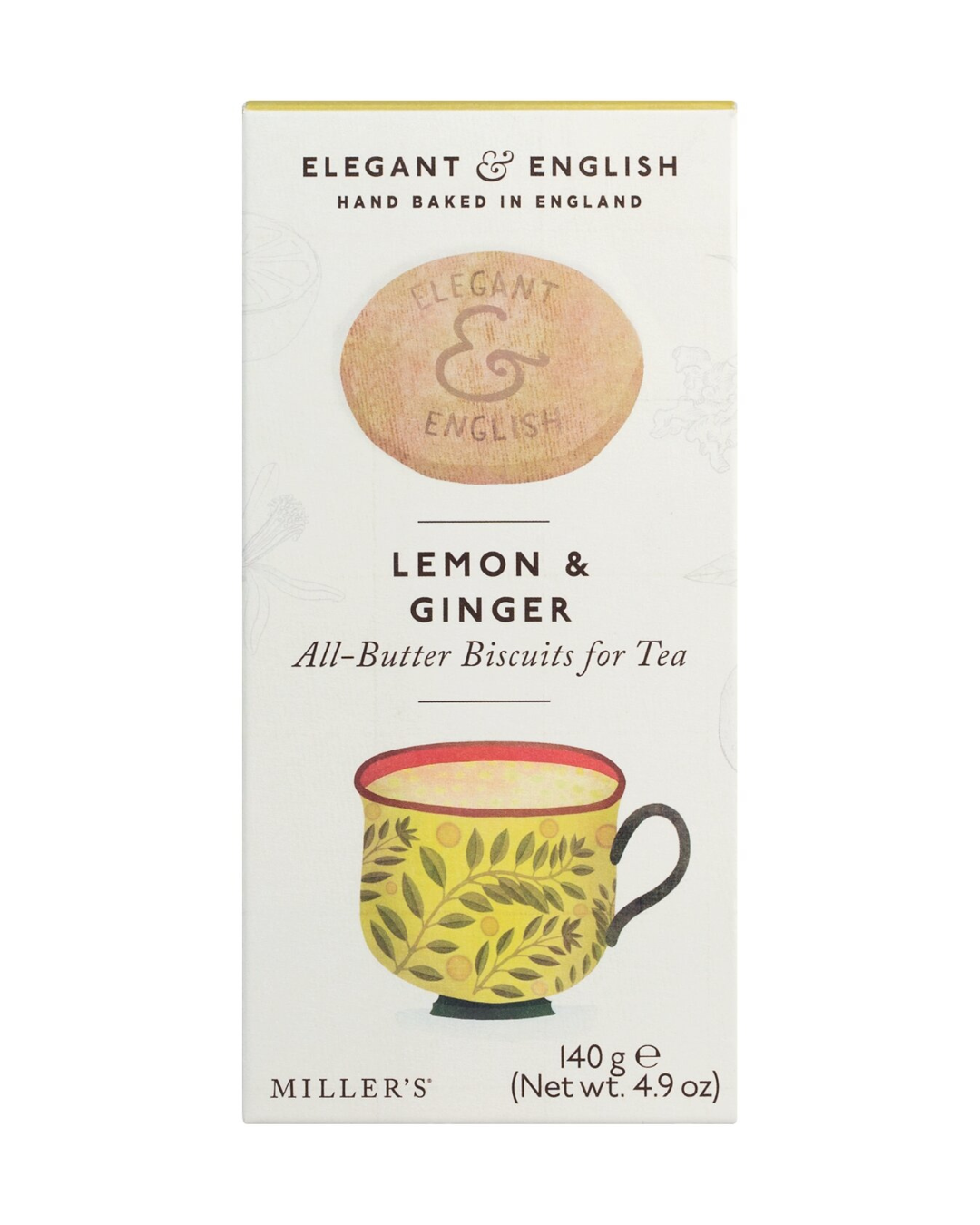 Eine Schachtel Lady Joseph Elegant & English Butterkekse mit Zitrone & Ingwer (130g) zeigt eine gelbe Teetasse mit Blattmuster und Keksen über dem Namen; feines Gebäck mit hohem Butteranteil.