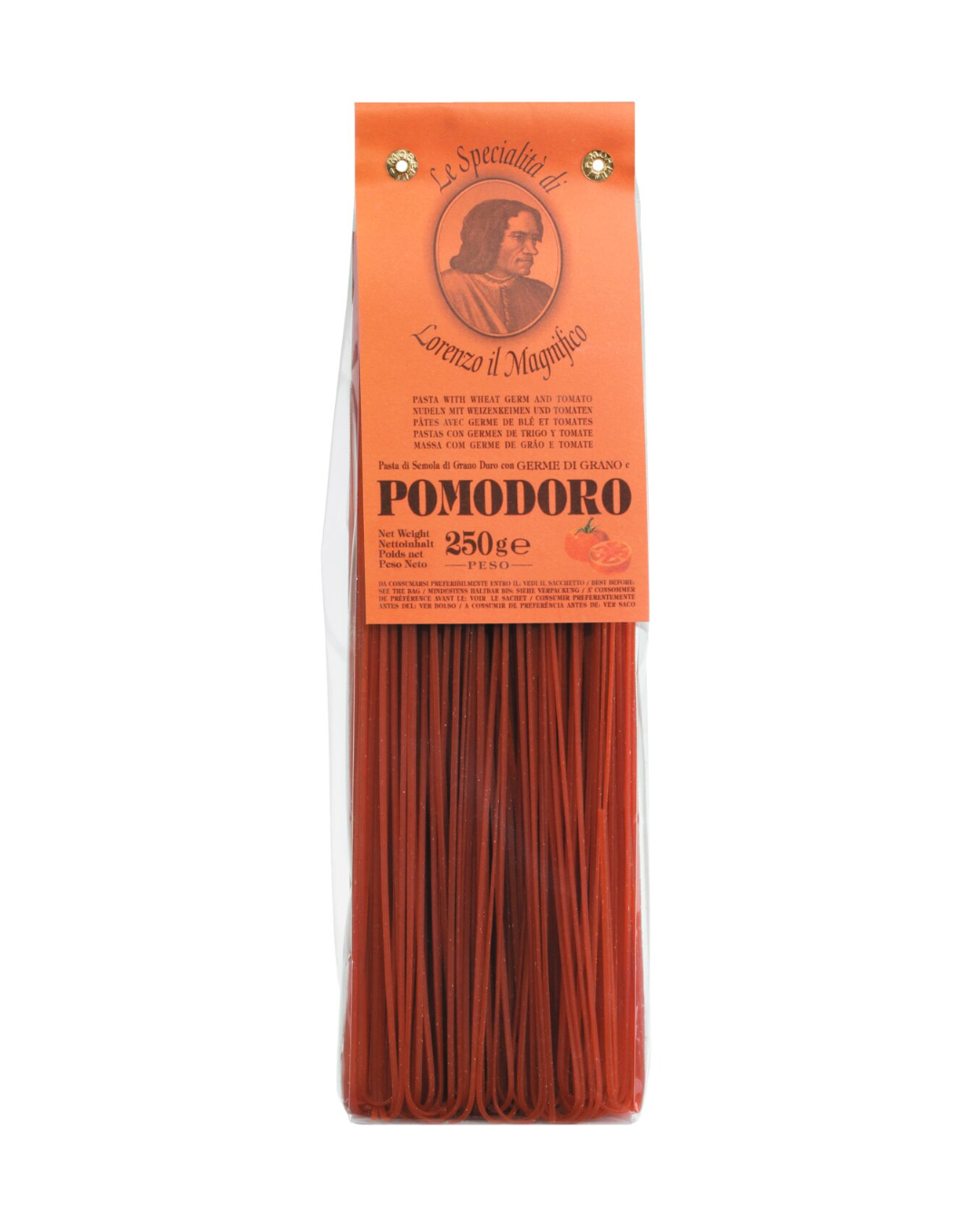 Eine durchsichtige 250g-Packung Lorenzo il Magnifico Dünne Bandnudeln mit Tomate aus Hartweizengrieß mit dem Markenporträt und den Produktangaben - die perfekten Toskana-Nudeln für Ihren Tisch.