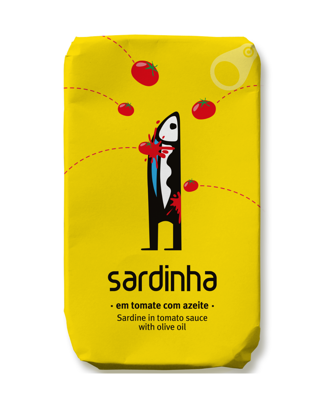 Die leuchtend gelbe Sardinha-Dose zeigt eine Cartoon-Sardine mit roter Tomatensauce inmitten von illustrierten Tomaten. Vollgepackt mit Proteinen und Omega-3-Fettsäuren. Text: Sardinha | Sardinen in Tomatensauce - Sardinen in Tomatensauce der Marke Sardinha.