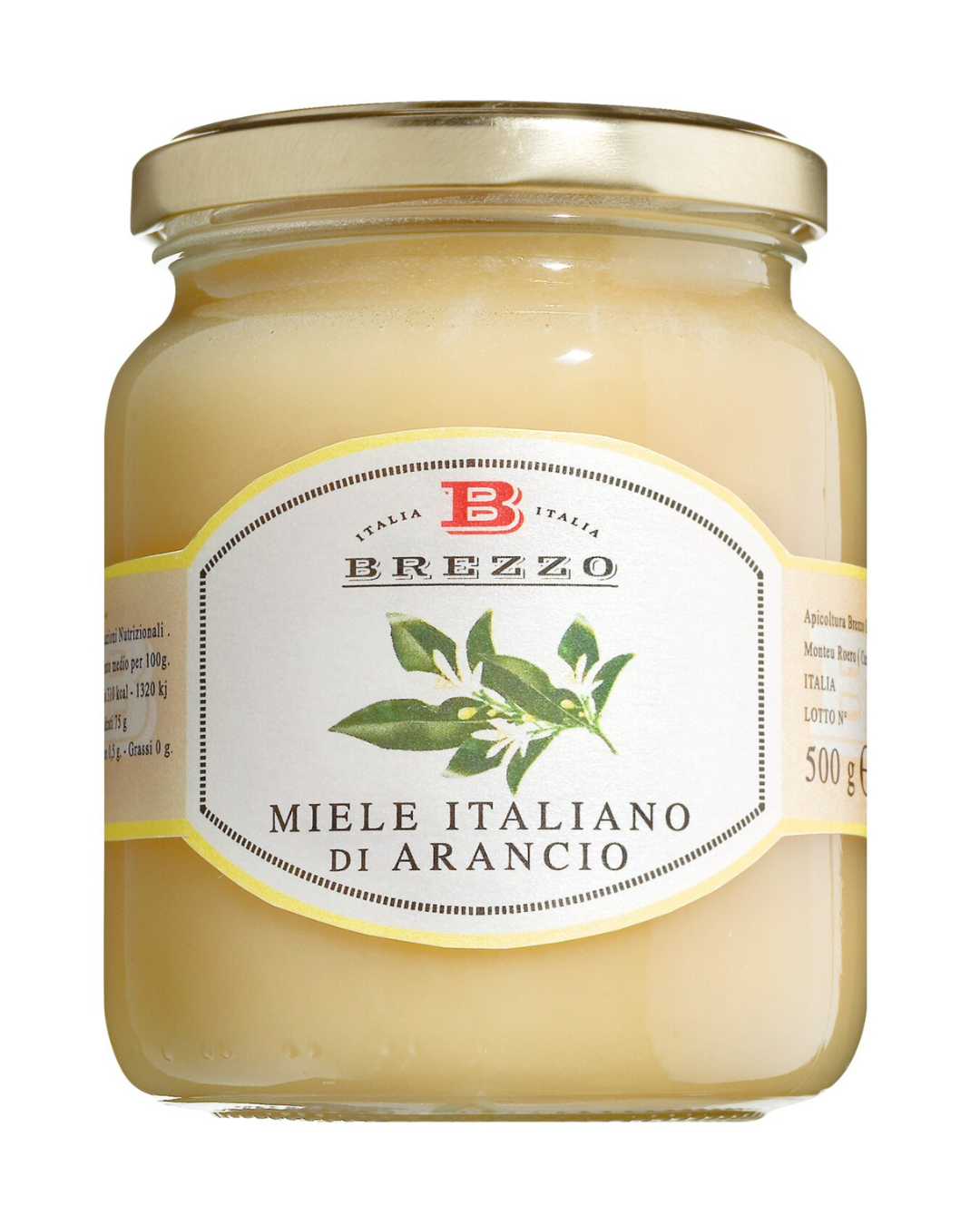 Ein 500g-Glas Apicoltura Brezzo | 'Miele di arancio' Orangenblütenhonig, exquisiter italienischer Orangenblütenhonig, mit goldenem Deckel und weißem Etikett mit Orangenblättern verziert.