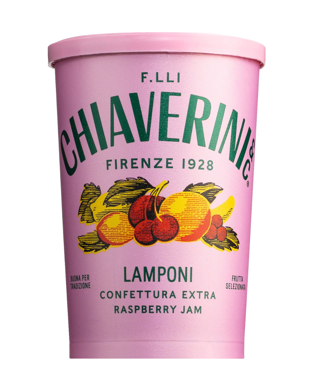 Ein rosa Glas von Chiaverini | 'Confettura di Lamponi' Himbeerkonfitüre 400 g, handgemacht in der Toskana, mit Illustrationen von Himbeeren, Kirschen und Pfirsichen sowie italienischem Text und Jahreszahl 1928 auf dem Etikett.