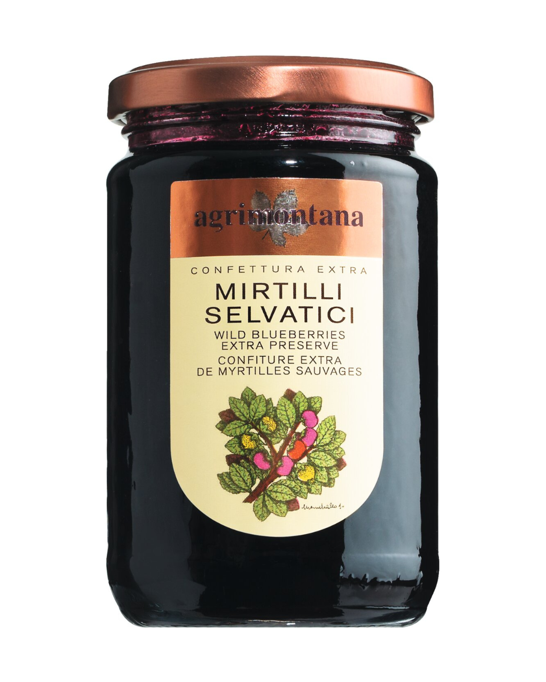 Ein 350g-Glas mit Agrimontana "Confettura extra di mirtilli selvatici" (Wilde Heidelbeerkonfitüre) mit Kupferdeckel und beigefarbenem Etikett mit Heidelbeeren und mehrsprachiger Produktinformation.