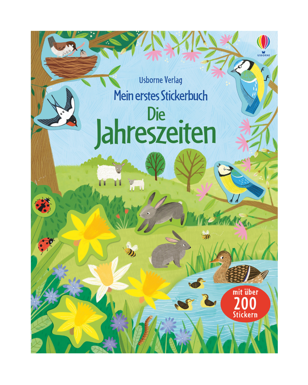 Das "Mein erstes Stickerbuch | Die Jahreszeiten" vom dtv Verlag ist ein farbenfrohes Kinderbuch für Kinder ab 3 Jahren, das Tiere, Blumen und Bäume auf einer Frühlingswiese mit kreativen Stickern von Hasen, Enten, Schafen, Vögeln, Bienen und Schmetterlingen zeigt.