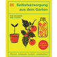 Das leuchtend gelbe Buch "Selbstversorgung aus dem Garten | Mehr als nur ein Trend" von Huw Richards und Sam Cooper aus dem DK Verlag zeigt Abbildungen von Topfpflanzen und Tomaten mit roten und grünen Akzenten, die das Thema Gemüse anbauen hervorheben.