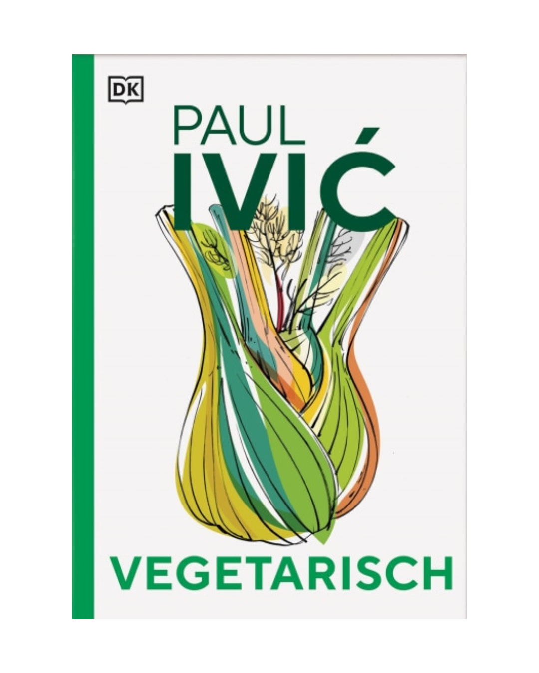 Buchcover von Vegetarisch | Meisterwerk der vegetarischen Küche aus dem DK Verlag, einem vegetarischen Kochbuch mit 300 Rezepten, mit einer abstrakten Illustration von buntem Gemüse und fettgedrucktem grünem Text auf weißem Hintergrund.