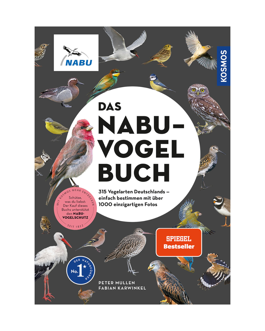 Buchumschlag für Das NABU-Vogelbuch aus dem Kosmos Verlag, mit Fotos deutscher Vogelarten auf dunklem Hintergrund, Spiegel-Bestseller- und Nr. 1-Plaketten sowie Text über Tipps zur Vogelbestimmung und den umfangreichen NABU-Führer.