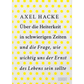Buchdeckel mit kleinen gelben Sonnen auf weißem Grund. Text: Über die Heiterkeit | Unterhaltsam, klug und persönlich. Axel Hacke. Dumont Verlag. Über Lebensfreude in schweren Zeiten, inspiriert von Friedrich Schiller.