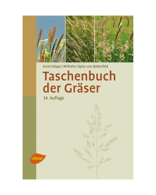 Buchumschlag von "Taschenbuch der Gräser | Erkennung und Bestimmung" von Ernst Klapp und Wilhelm Opitz von Boberfeld (Ulmer Verlag), mit Gräserfotos im oberen Teil und einem illustrierten Gras auf beige-grünem Hintergrund.