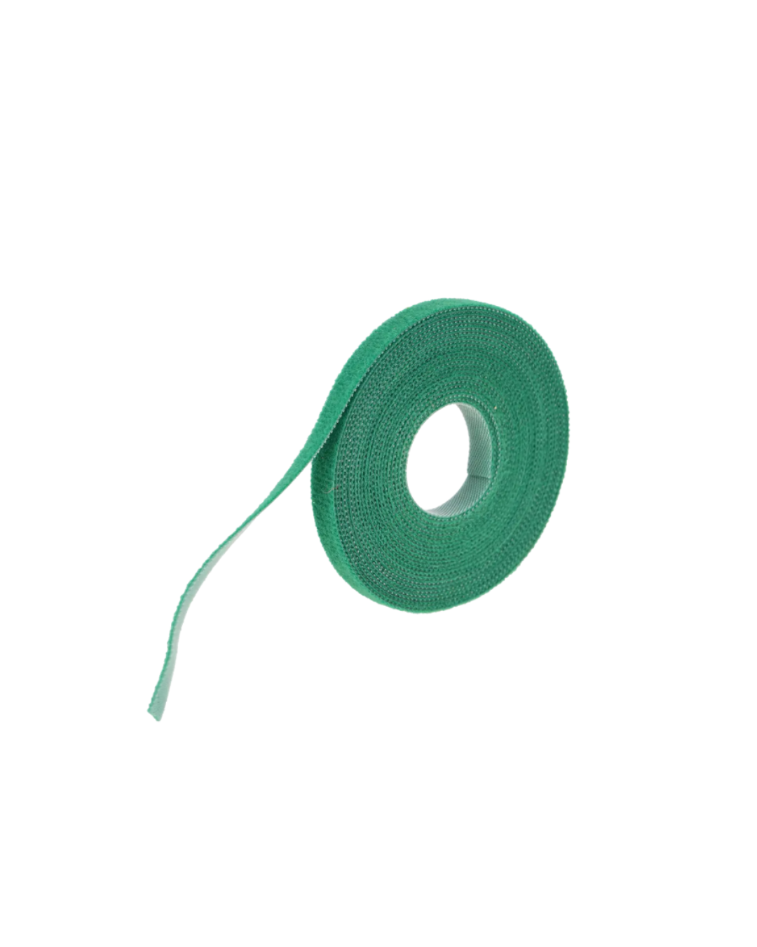Eine grüne Rolle Königliche Gartenakademie Pflanzenklettband | 5 m grün, teilweise abgerollt auf weißem Grund - ideal zum Ordnen und Sichern Ihrer Gartenpflanzen als praktisches Pflanzenbindeband.
