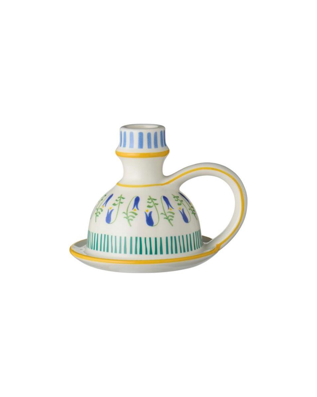 Der IB Laursen Kerzenhalter aus Keramik (10 cm) besticht mit buntem floralem Muster, blauen Streifen und gelben Akzenten-ein stilvolles Wohnaccessoire von IB Laursen im Retro-Design mit Griff.
