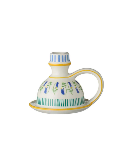 Der IB Laursen Kerzenhalter aus Keramik (10 cm) besticht mit buntem floralem Muster, blauen Streifen und gelben Akzenten-ein stilvolles Wohnaccessoire von IB Laursen im Retro-Design mit Griff.