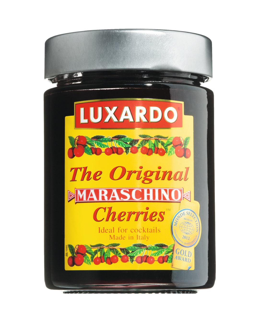 Ein 400g-Glas Luxardo | 'Maraschino Cherries' Eingelegte Amarena-Kirschen mit roten Kirschen auf einem gelben Etikett und goldenem Siegel, hergestellt in Italien - ideal als Cocktail-Kirschen für Ihre Lieblingsgetränke.
