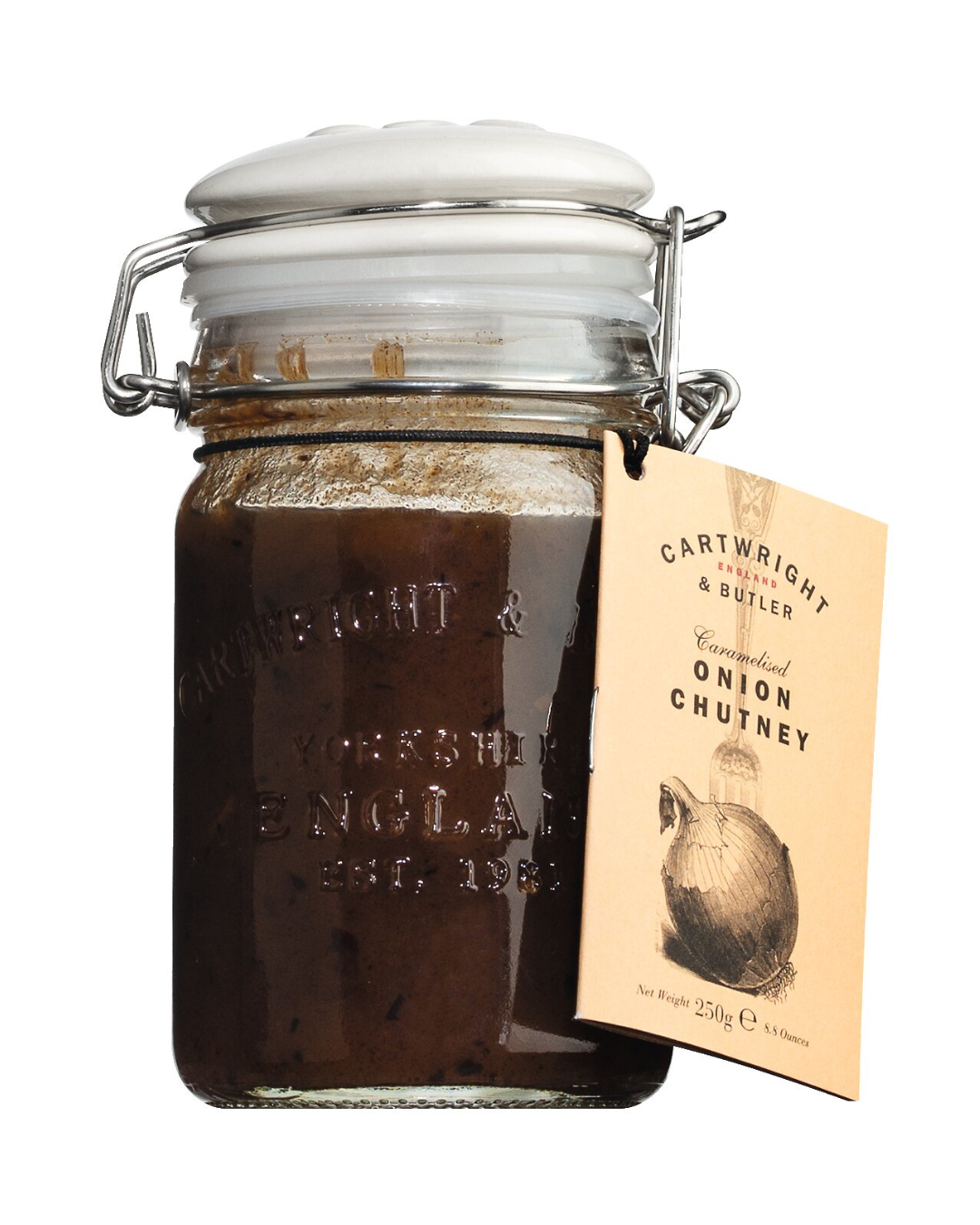 Ein 250g Glasgefäß mit Cartwright & Butler Karamellisiertes Zwiebelchutney, mit einem Metallverschluss und einem beigen Etikett mit einer Zwiebelillingsillustration.
