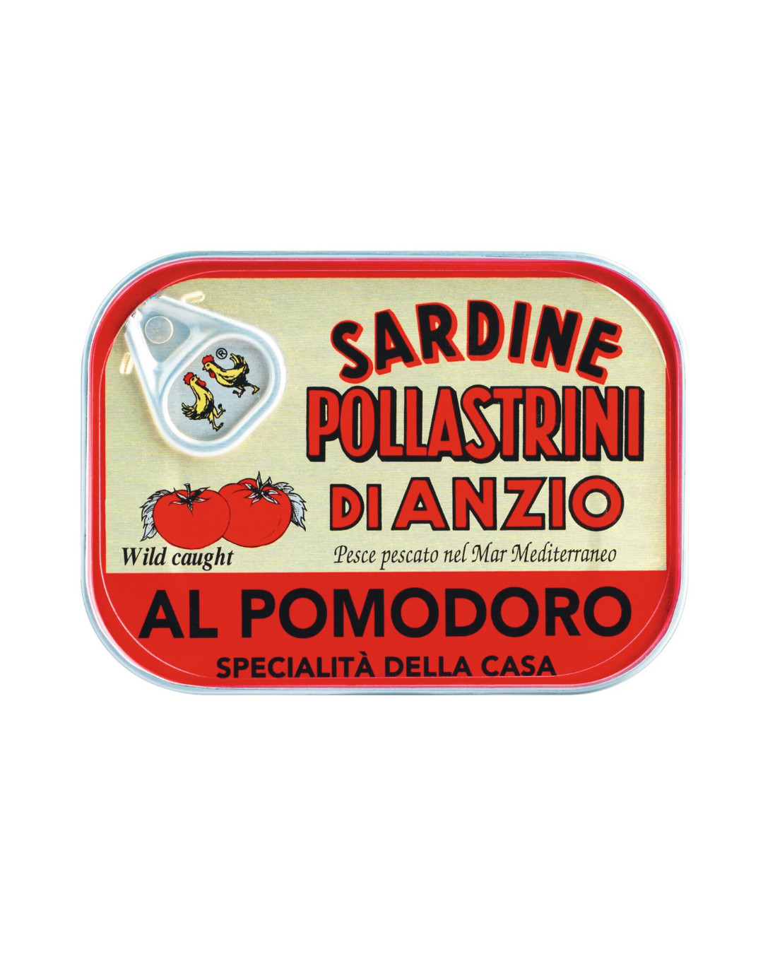 Eine 100-g-Dose Pollastrini | Sardinen in Tomatensauce von der Königlichen Gartenakademie mit roter und schwarzer Schrift, Tomatenabbildungen, einem Fischsiegel, italienischen Sätzen und "Wildfang" auf dem Etikett.