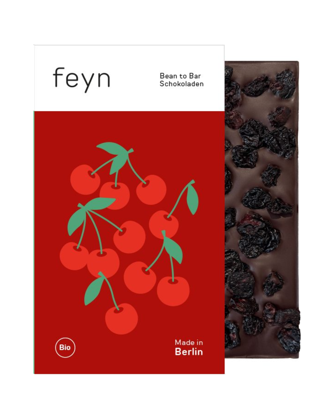 Eine teilweise ausgepackte Tafel Feyn | Dunkle Schokolade mit Sauerkirschen zeigt getrocknete Sauerkirschen auf dunkler Schokolade. Auf dem roten Deckblatt sind Kirschen abgebildet, das Feyn-Logo und der Hinweis "Bio, Bean to Bar, Made in Berlin mit Kakao aus Ecuador".