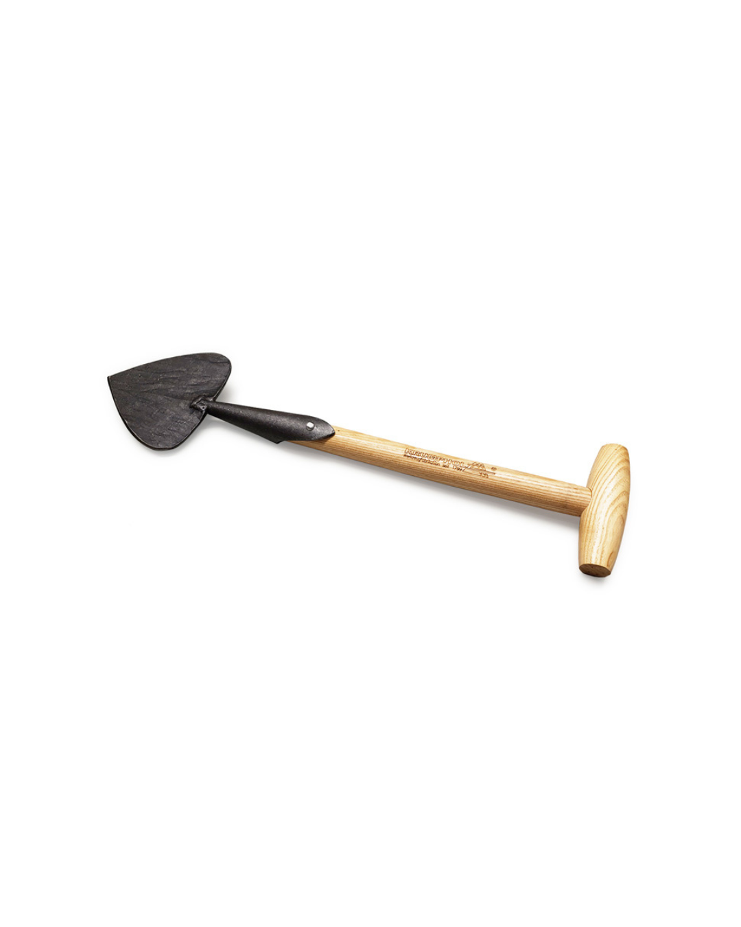 Der Krumpholz Staudenspaten mit Eschen T-Stiel 51 cm 1328 hat eine schwarze Metallklinge mit scharfer Spitze, einen leichten Eschen-T-Griff und T-Griff, abgebildet auf weißem Hintergrund.