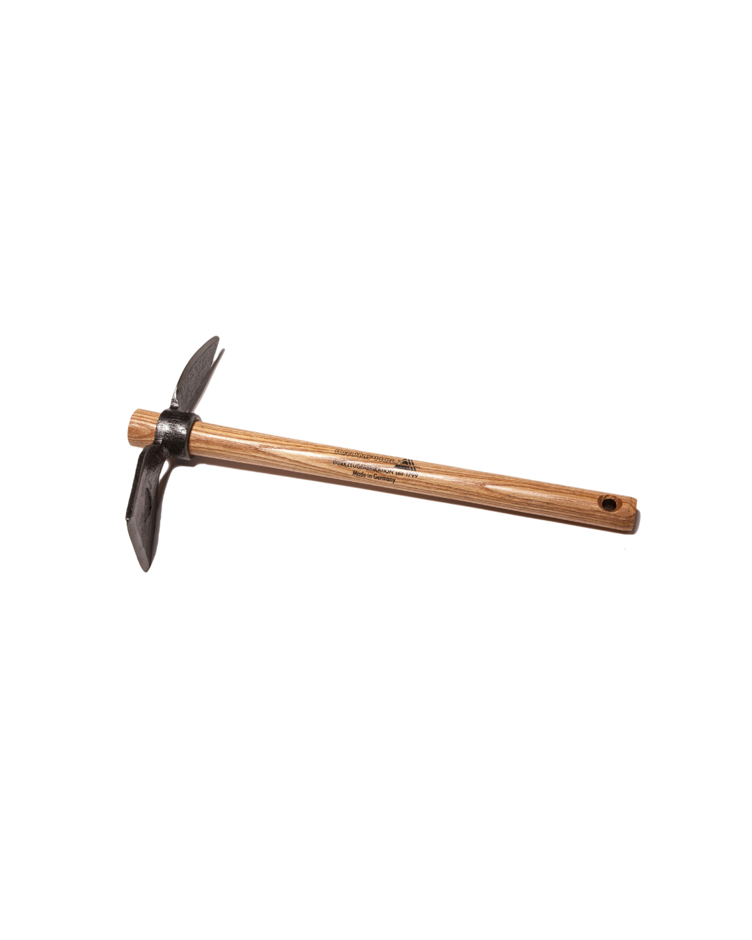 Das Krumpholz Gartenhäckchen 1-zinkig 1203 ist ein Handwerkzeug mit Eschenstiel-Griff und Metallkopf - das eine Ende hat einen spitzen Pickel, das andere einen flachen Meißel. Das Produkt ist auf einem schlichten weißen Hintergrund abgebildet.