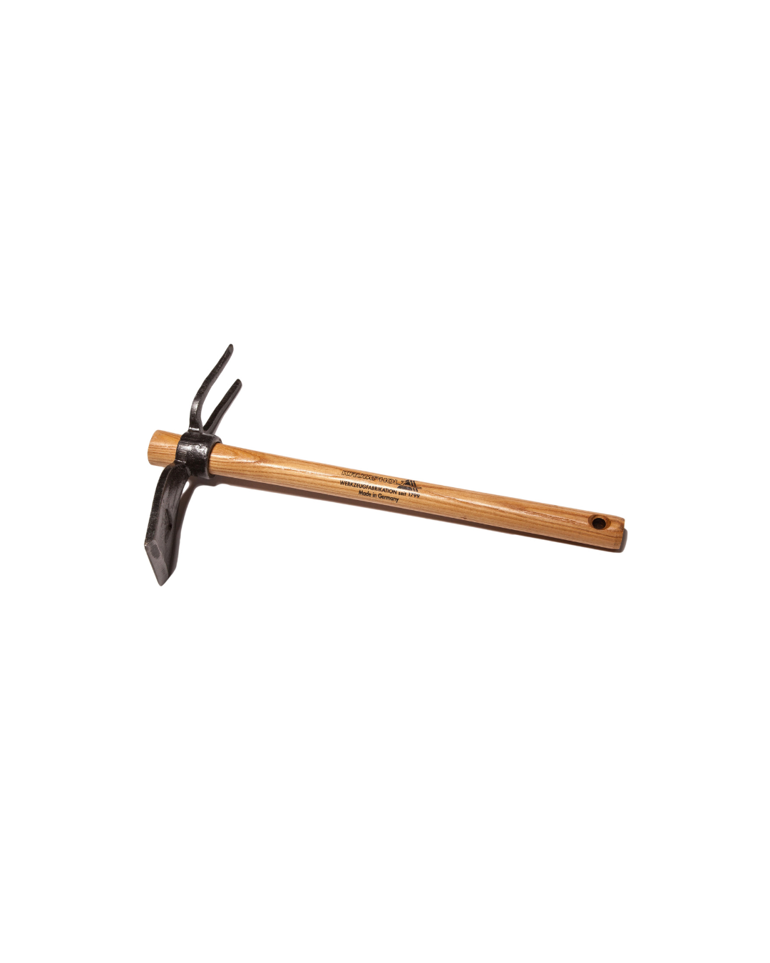 Das Krumpholz Gartenhäkchen mit rundem Auge 2-zinkig 1103 ist ein Gartengerät von Krumpholz mit einem Eschenstiel aus Holz und einem Metallkopf mit zwei Zinken. Das Werkzeug ist isoliert auf einem weißen Hintergrund abgebildet.