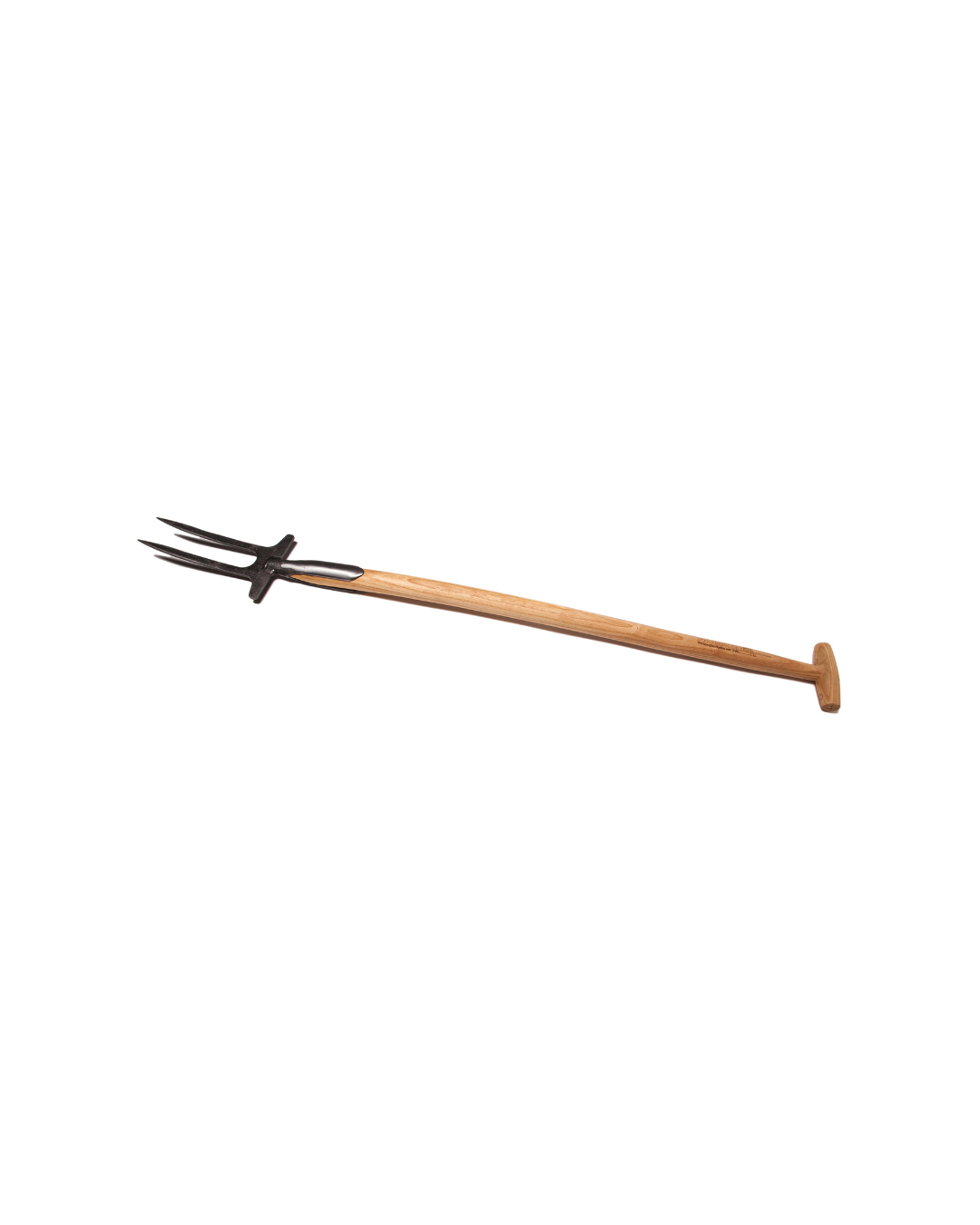 Der Krumpholz Rosengabel 90cm 1081 hat zwei Metallzinken und einen Eschen T-Stiel aus Holz, isoliert auf weißem Hintergrund dargestellt.
