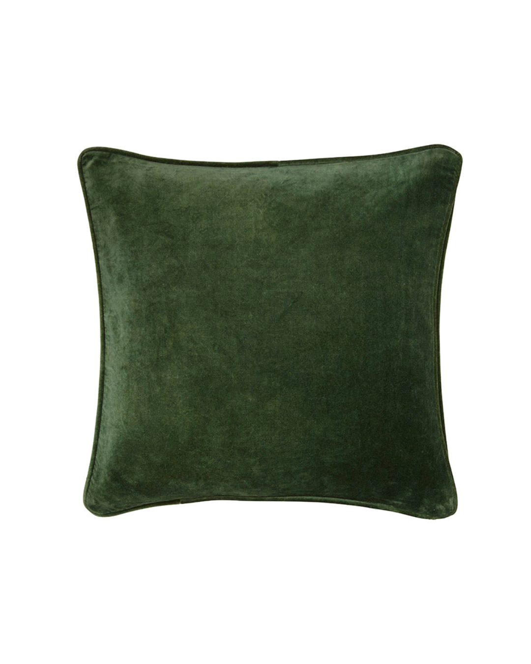 Die Bungalow Kissenhülle Samt 'Forest' ist ein quadratischer, dunkelgrüner Baumwollsamtbezug (50 x 50 cm) mit leicht abgerundeten Ecken, der auf einem schlichten weißen Hintergrund abgebildet ist.