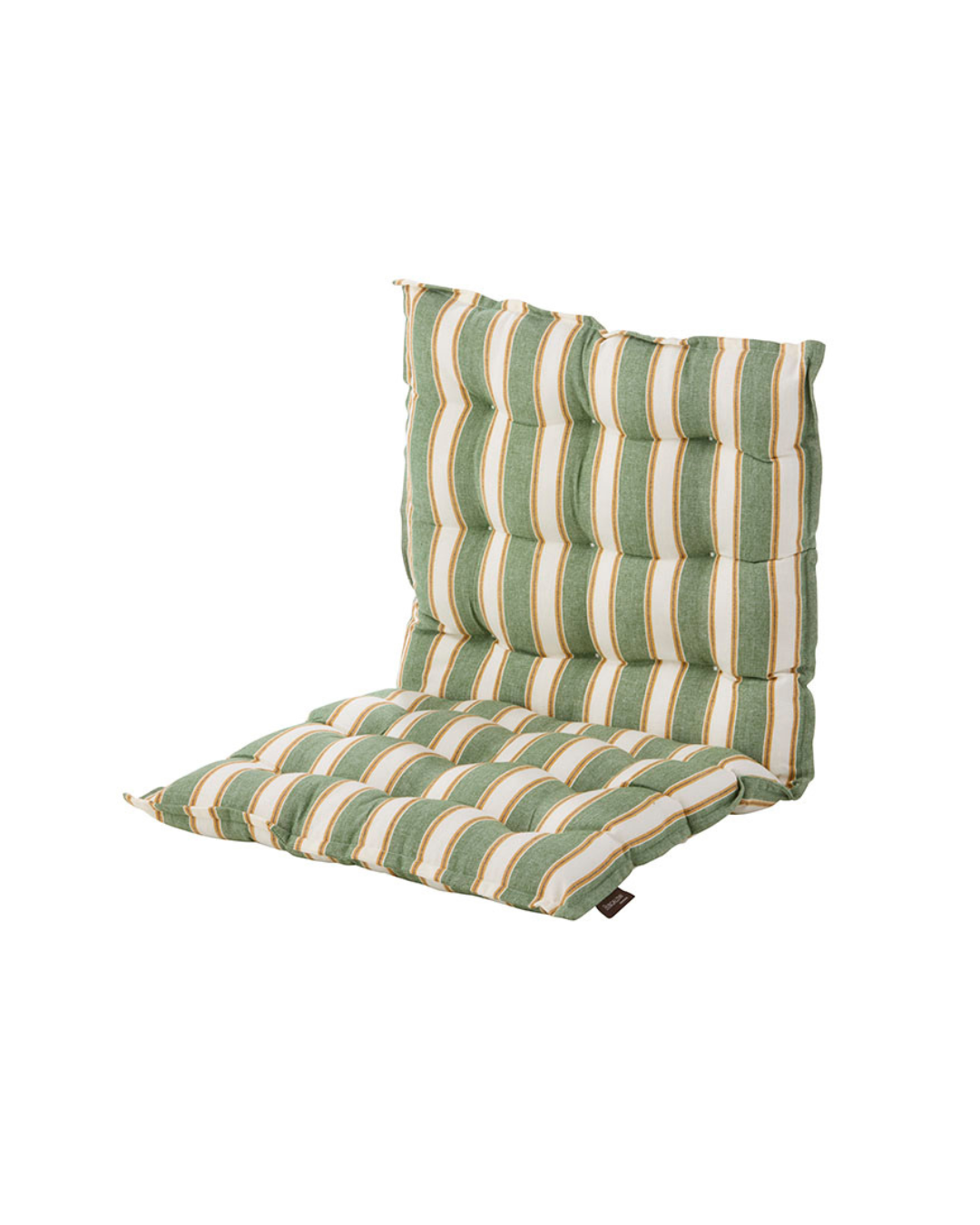 Das Bungalow 'Palermo Basil' Sitzkissen (45 x 90 cm) ist ein gepolstertes, getuftetes Kissen mit grünen, weißen und beigen Streifen für Sitz und Rückenlehne - eine dicke, bequeme Stütze für die Entspannung im Garten oder auf der Terrasse.