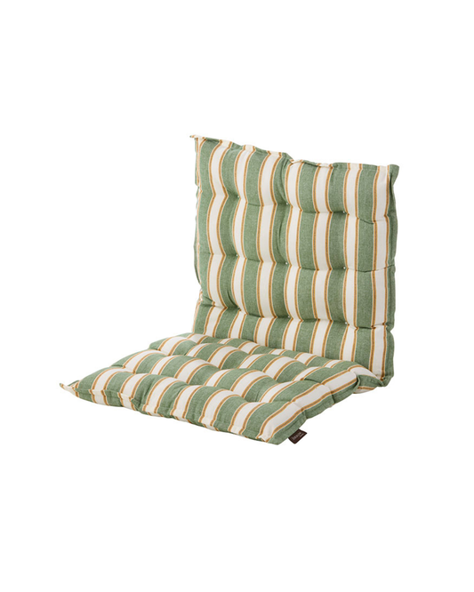 Das Bungalow 'Palermo Basil' Sitzkissen (45 x 90 cm) ist ein gepolstertes, getuftetes Kissen mit grünen, weißen und beigen Streifen für Sitz und Rückenlehne - eine dicke, bequeme Stütze für die Entspannung im Garten oder auf der Terrasse.