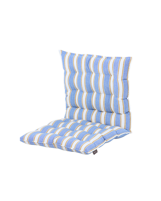 Das Bungalow 'Palermo Azur' Sitzkissen 45 x 90 cm ist ein gepolstertes Sitzkissen mit Rückenlehne, das mit blauen, weißen und gelben Streifen in einem nachhaltig gesteppten Design für plüschigen Komfort und Stil sorgt.