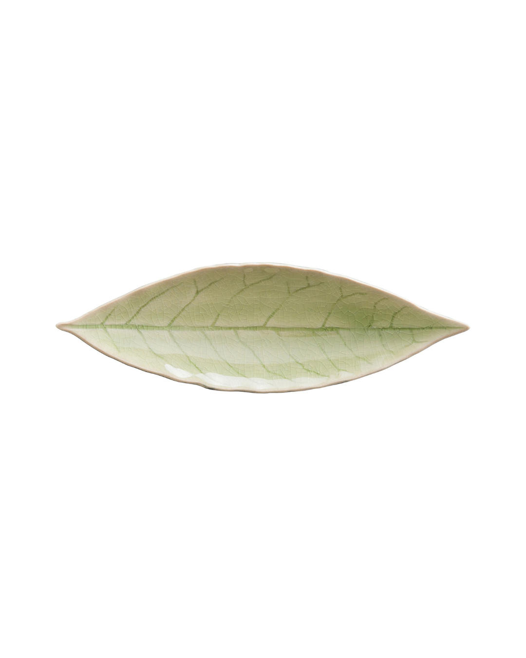 Das Costa Nova 'Riviera Lorbeerblatt' Schälchen (18 cm) ist eine keramische Schale, die wie ein grünes Blatt geformt und bemalt ist, mit glänzender Oberfläche und detaillierten Adern, dargestellt auf weißem Hintergrund.
